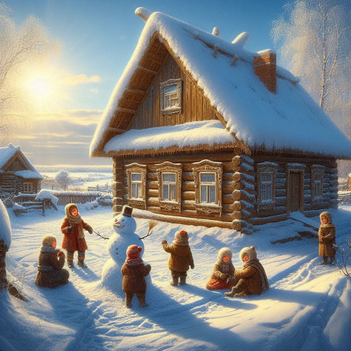 изба, дети, зима