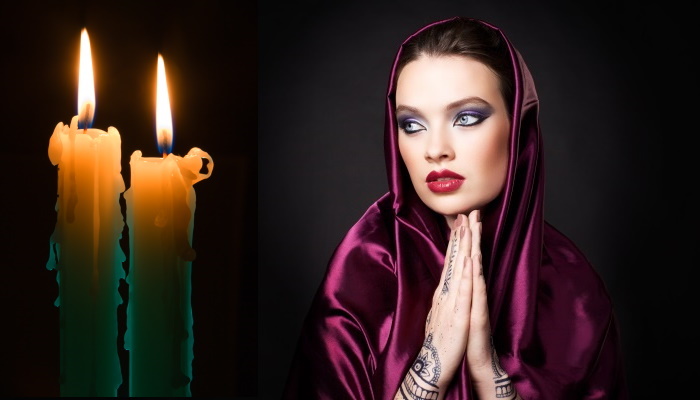 девушка молится, 2 свечи