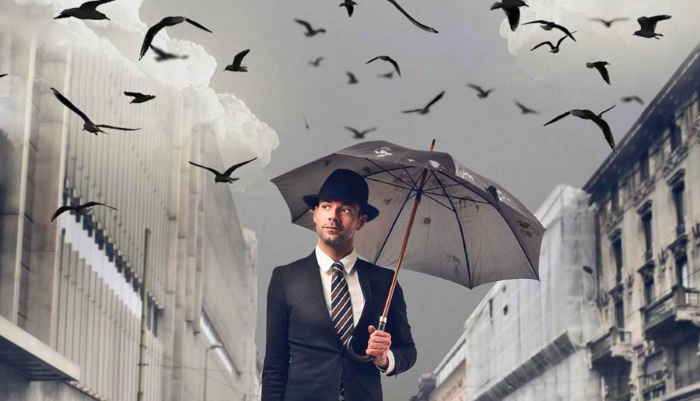 мужчина под зонтом, птицы