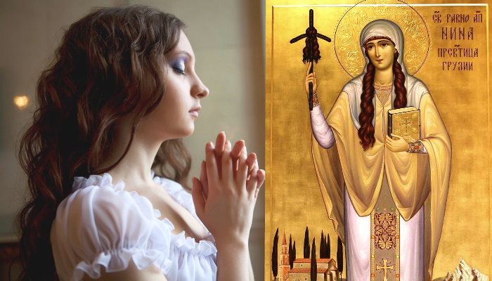 девушка в храме, икона святой Нины