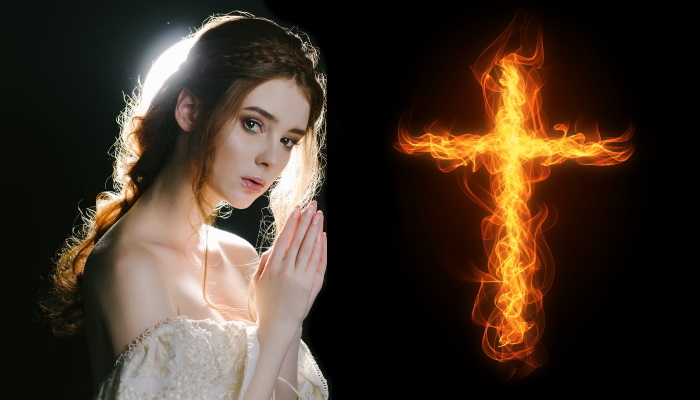 девушка молится, крест