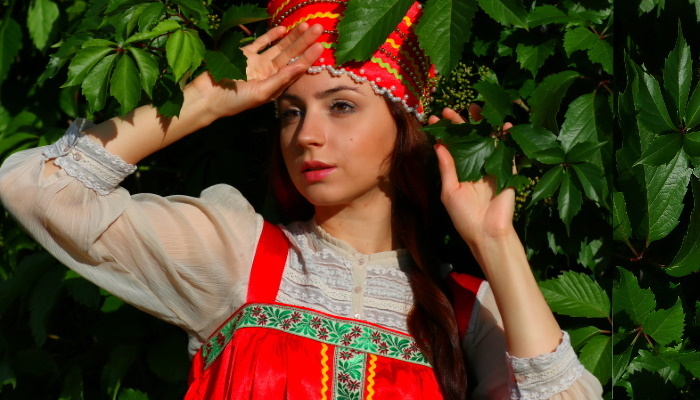 девушка в славянском костюме под деревом
