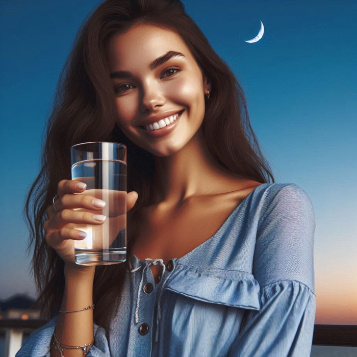 девушка, стакан воды, луна