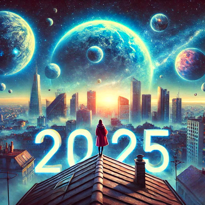 девушка стоит на крыше, планеты, 2025