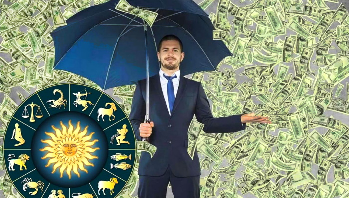 мужчина под зонтом, денежный дождь, зодиак