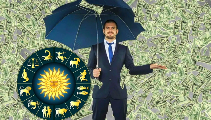мужчина под зонтом, денежный дождь, зодиак